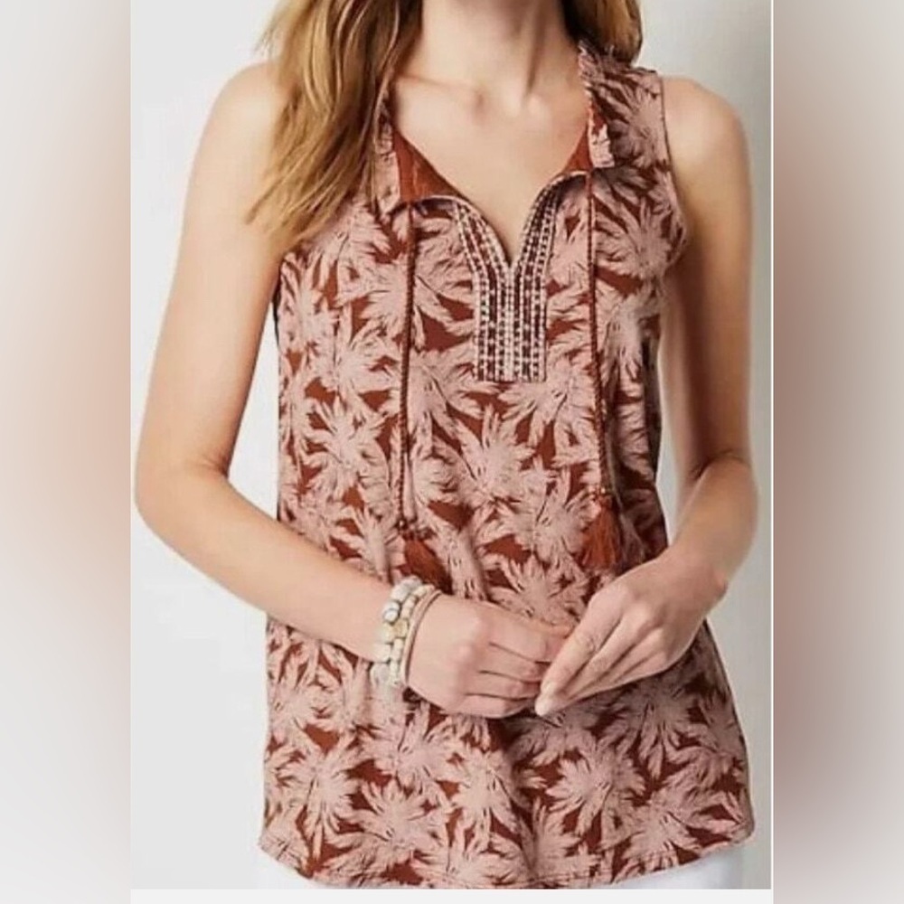 J Jill Bellissima Tasseled Top Peasant Blouse Tassel Split Neck Floral Sz Medium